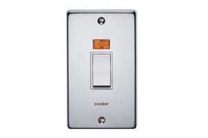 50A 2 Gang Double Pole Control Switch With Neon Printed 'Cooker' Satin Chrome Finish