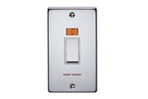 50A 2 Gang Double Pole Control Switch With Neon Printed 'Water Heater' Satin Chrome Finish