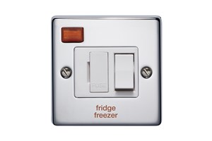 13A Double Pole Switched Fused Connection Unit With Neon Front Plate Printed 'Fridge Freezer' Highly Polished Chrome Finish