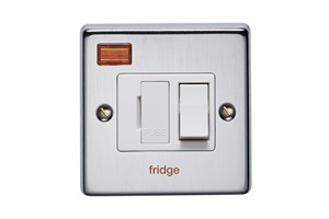 13A Double Pole Switched Fused Connection Unit With Neon Front Plate Printed 'Fridge' Satin Chrome Finish
