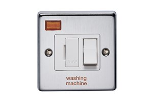 13A Double Pole Switched Fused Connection Unit With Neon Front Plate Printed 'Washing Machine' Satin Chrome Finish