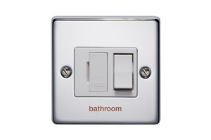 13A Double Pole Switched Fused Connection Unit With Neon Front Plate Printed 'Bathroom' Highly Polished Chrome Finish