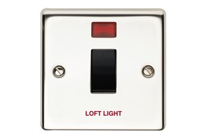 20A 1 Gang Double Pole Control Switch With Neon Black Interior Printed 'Loft Light' Polished Steel Finish