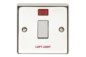 20A 1 Gang Double Pole Control Switch With Neon Printed 'Loft Light' Polished Steel Finish