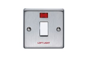 20A 1 Gang Double Pole Control Switch With Neon Printed 'Loft Light' Stainless Steel Finish