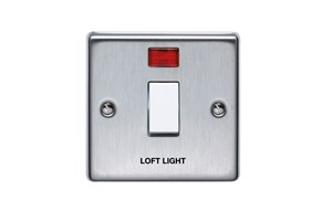 20A 1 Gang Double Pole Control Switch With Neon Printed 'Loft Light' in Black Stainless Steel Finish