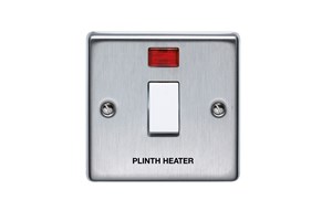 20A 1 Gang Double Pole Control Switch With Neon Printed 'Plinth Heater' in Black Stainless Steel Finish