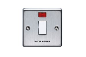 20A 1 Gang Double Pole Control Switch With Neon Printed 'Water Heater' in Black Stainless Steel Finish