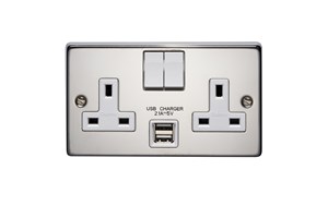 13A 2 Gang Double Pole Switched Socket With 2 USB s (Total 2.1A) Polished Stainless Steel Finish