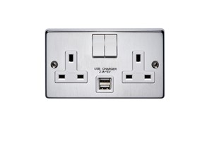 13A 2 Gang Double Pole Switched Socket With 2 USB s (Total 2.1A) Satin Chrome Finish