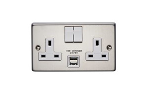13A 2 Gang Double Pole Switched Socket With 2 USB s (Total 2.1A) Stainless Steel Finish