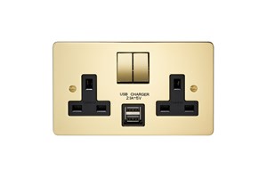 13A 2 Gang Double Pole Switched Socket With 2 USB s (Total 2.1A) Polished Brass Finish