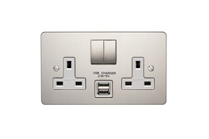 13A 2 Gang Double Pole Switched Socket With 2 USB s (Total 2.1A) Stainless Steel Finish