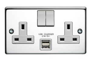 13A 2 Gang Double Pole Switched Socket With Dual 2.1A USB s Polished Steel Finish