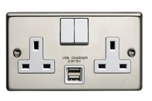 13A 2 Gang Double Pole Switched Socket With Dual 2.1A USB s Stainless Steel Finish