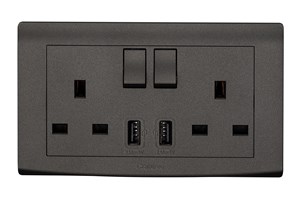 13A 2 Gang Switched Socket with Dual USB Outlets (Total 4.2A) Black Finish