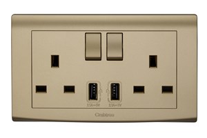 13A 2 Gang Switched Socket with Dual USB Outlets (Total 4.2A) Gold Finish