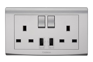13A 2 Gang Switched Socket with Dual USB Outlets (Total 4.2A) Silver Finish