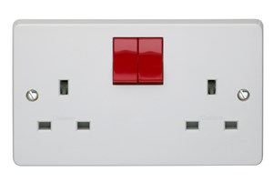 13A 2 Gang Single Pole Switched Socket & Red Rockers