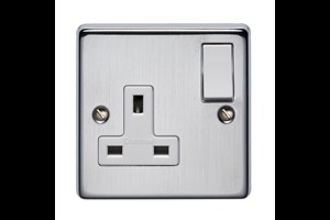 13A 1 Gang Single Pole Switched Socket Twin Earth Satin Chrome Finish