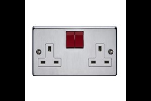 13A 2 Gang Double Pole Switched Socket Red Rocker Satin Chrome Finish
