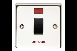 20A 1 Gang Double Pole Control Switch With Neon Black Interior Printed 'Loft Light' Polished Steel Finish